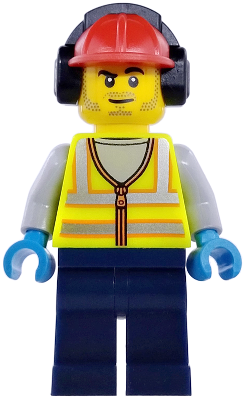 Airport Worker - Male, Neon Yellow Safety Vest with Reflective Stripes, Dark Blue Legs, Red Construction Helmet with Black Ear Protectors / Headphones, Stubble collectible image