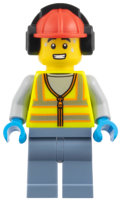 Airport Worker - Male, Neon Yellow Safety Vest with Reflective Stripes, Sand Blue Legs, Red Construction Helmet with Black Ear Protectors / Headphones collectible image