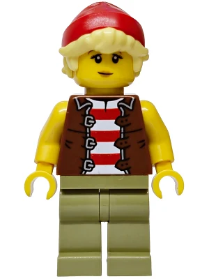 Privateer Frigate Fortuna Sailor - Female, Reddish Brown Vest over Red and White Striped Shirt, Olive Green Legs, Red Beanie, Bright Light Yellow Hair