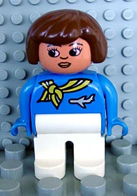 Duplo Figure, Flight Attendant - Female, White Legs, Blue Top with Scarf with Stripe and Jet Airplane Pin Pattern, Brown Hair, Nougat Head with Lips and Turned Down Nose