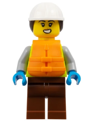 Dock Worker - Female, Neon Yellow Safety Vest with Reflective Stripes, Reddish Brown Legs, White Construction Helmet with Dark Brown Ponytail Hair, Orange Life Jacket