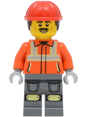 Construction Worker - Male, Reddish Orange Safety Jacket with Reflective Stripes, Dark Bluish Gray Legs with Knee Pads, Red Construction Helmet with Dark Brown Short Curly Hair, Moustache