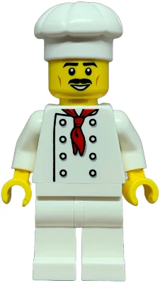 Pizza Slice Soapbox Race Car Driver (Chef) - Male, White Torso with 8 Buttons, No Wrinkles Front or Back, White Legs, White Chef Toque, Moustache