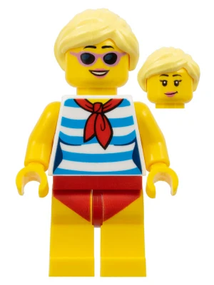Ludo Yellow - Female, Dark Azure and White Striped Shirt with Red Scarf, Yellow Legs with Red Swimsuit, Bright Light Yellow Ponytail, Sunglasses