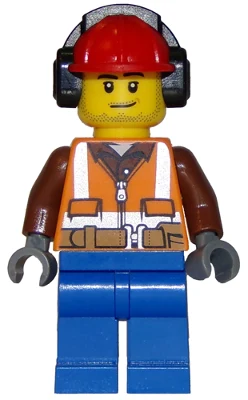 Forester - Male, Orange Safety Vest, Reflective Stripes, Reddish Brown Shirt, Blue Legs, Red Construction Helmet with Black Ear Protectors / Headphones, Stubble
