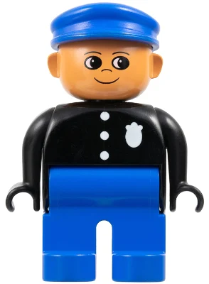 Duplo Figure, Police Officer - Male, Adult Man, Blue Legs, Black Top with Buttons and Badge Pattern, Blue Hat, Nougat Head with Turned Up Nose (75516)