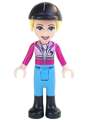 Friends Stephanie - Bright Pink and Magenta Jacket with Horse Head Logo, Medium Blue Pants, Black Boots, Black Riding Helmet with Bright Light Yellow Ponytail