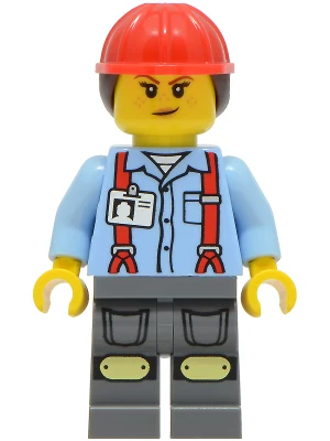 Construction Worker - Female, Bright Light Blue Shirt with Red Suspenders, Dark Bluish Gray Legs with Knee Pads, Red Construction Helmet with Dark Brown Ponytail Hair