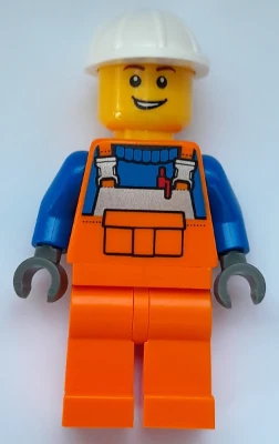 Construction Worker - Male, Orange Overalls with Reflective Stripe and Buckles over Blue Shirt, Orange Legs, White Construction Helmet, Open Lopsided Grin