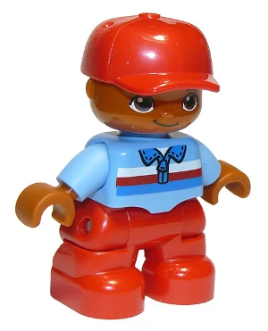 Duplo Figure Lego Ville, Child Boy, Red Legs, Medium Blue Top with Zipper and Blue, Red and White Stripes, Red Cap, Oval Eyes (6179301 / 6233837)