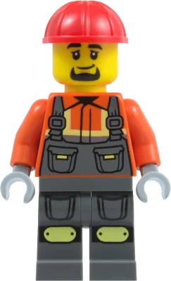 Construction Worker - Male, Dark Bluish Gray Overalls over Reddish Orange Safety Jacket with Reflective Stripes, Dark Bluish Gray Legs with Knee Pads, Red Construction Helmet, Goatee