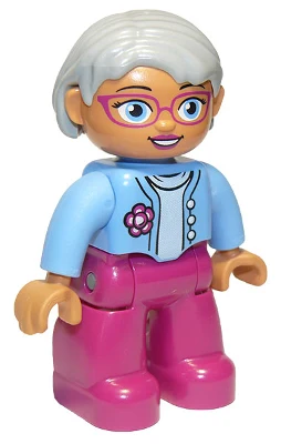 Duplo Figure Lego Ville, Female, Magenta Legs, Medium Blue Top with Flower, Light Bluish Gray Hair, Blue Eyes, Glasses, Oval Eyes (6210308 / 6273481)