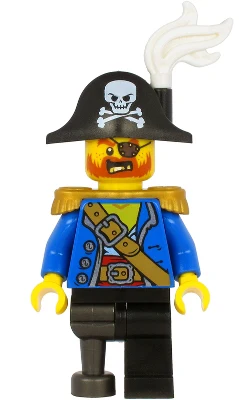 Pirate Captain - Male, Bicorne Hat with Skull and Crossbones and White Plume, Pearl Gold Epaulettes, Blue Open Coat, Black Leg and Pearl Dark Gray Peg Leg