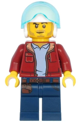 Man, Dark Red Jacket with Bright Light Blue Shirt, Dark Blue Legs with Belt, White Flight Helmet, Trans-Light Blue Flight Visor, Stubble (Helicopter Pilot)