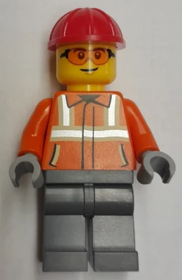 Construction Worker - Male, Reddish Orange Safety Jacket with Reflective Stripes, Dark Bluish Gray Legs, Red Construction Helmet, Safety Glasses