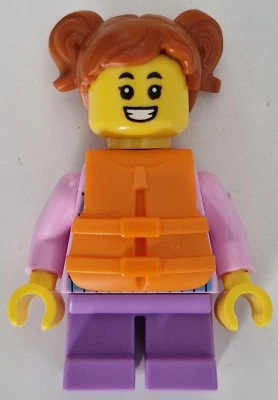 Child - Girl, Bright Pink Hoodie with Medium Blue and White Diagonal Stripes, Medium Lavender Short Legs, Dark Orange Hair with Pigtails, Orange Life Jacket