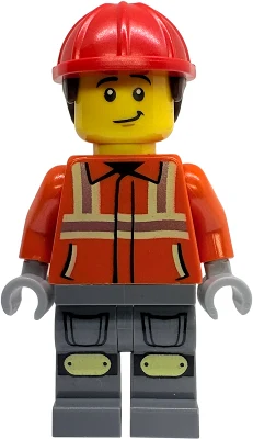 Construction Worker - Male, Reddish Orange Safety Jacket with Reflective Stripes, Dark Bluish Gray Legs with Knee Pads, Red Construction Helmet with Dark Brown Short Curly Hair, Lopsided Grin