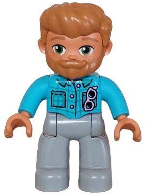 Duplo Figure Lego Ville, Male, Light Bluish Gray Legs, Medium Azure Jacket with Bright Pink Buttons and Glasses Pattern, Medium Nougat Hair and Beard (6465885)