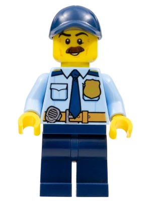 Police - City Shirt with Dark Blue Tie and Gold Badge, Dark Tan Belt with Radio, Dark Blue Legs, Dark Blue Cap with Hole, Brown Bushy Moustache