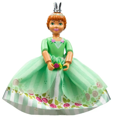 Belville Female, Child Girl (Princess Flora) - White Shorts, Medium Green Top with Flowers and Lace Pattern, Dark Orange Hair, Dark Pink Shoes, Skirt, Crown