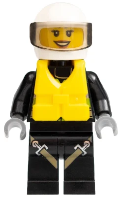 Fire - Reflective Stripes with Utility Belt and Flashlight, Life Jacket Center Buckle, White Helmet, Trans-Brown Visor, Dark Orange Lips Open Mouth Smile